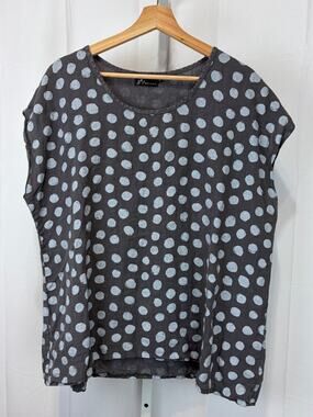 FENINI Linen Polka Dot Print Short Sleeve Boxy Top Artsy Lagenlook Gray USA XL